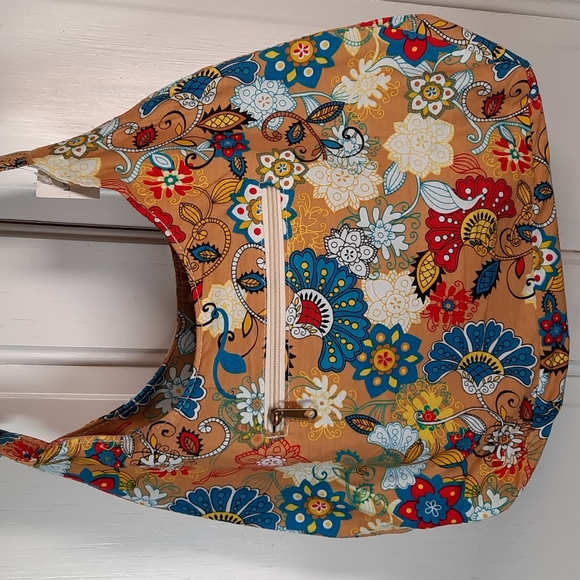 Crossbody Purse Bag Tote Tan Blue Floral Lightweight Cotton - Picture 1 of 10